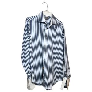 Thomas Dean Mens XL 100%Cotton blue white yellow stripped button-up French cuff